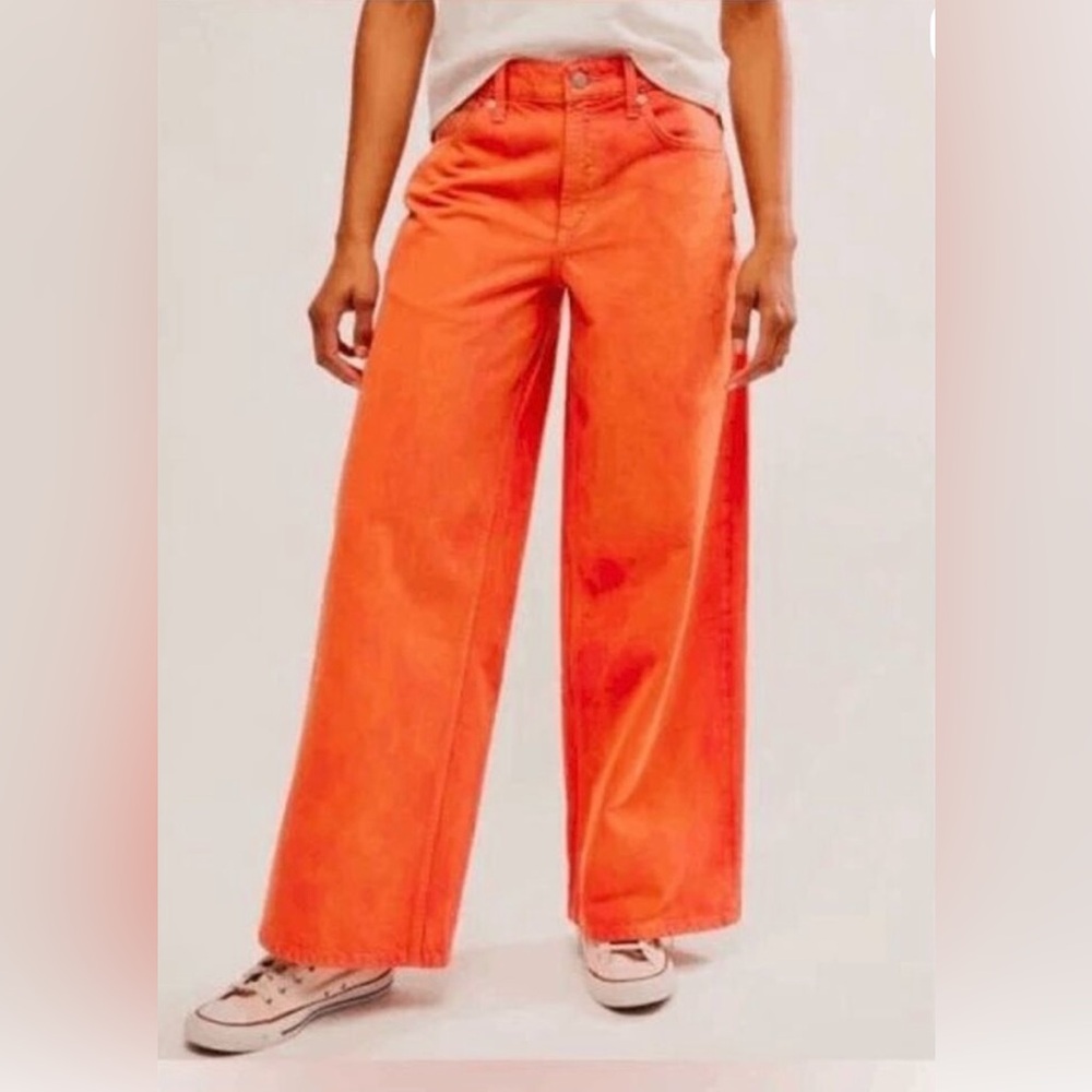 Free People We The Free Orange Dyed Waterfall Baggy Wide Leg Jeans Oklahoma Sun